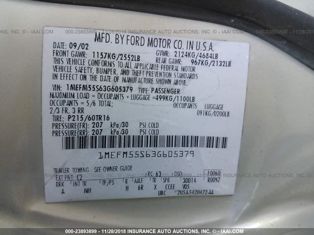 1MEFM55S63G605379 - 2003 MERCURY SABLE GRAY photo 9