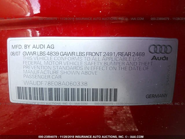 WAUDF78E08A060338 - 2008 AUDI A4 2.0T QUATTRO RED photo 9