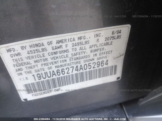 19UUA66274A052964 - 2004 ACURA TL GRAY photo 9