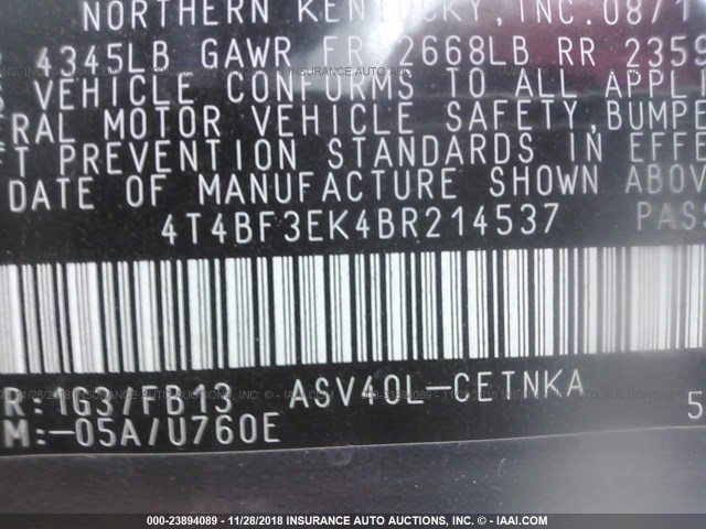 4T4BF3EK4BR214537 - 2011 TOYOTA CAMRY GRAY photo 9