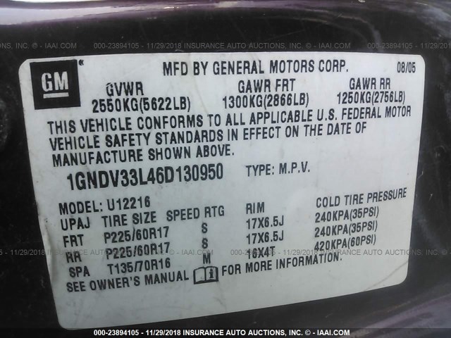 1GNDV33L46D130950 - 2006 CHEVROLET UPLANDER LT BURGUNDY photo 9