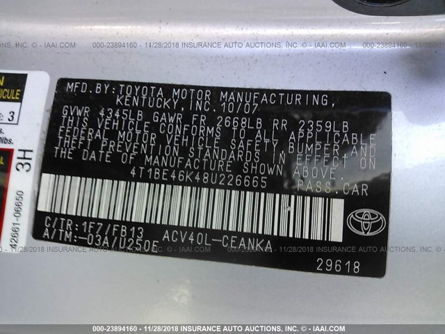 4T1BE46K48U226665 - 2008 TOYOTA CAMRY CE/LE/XLE/SE SILVER photo 9