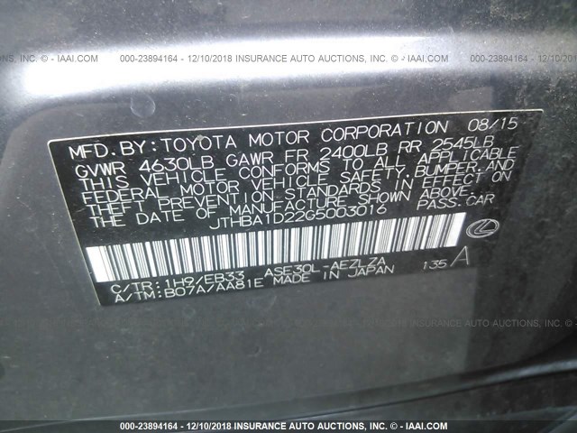 JTHBA1D22G5003016 - 2016 LEXUS IS 200T GRAY photo 9