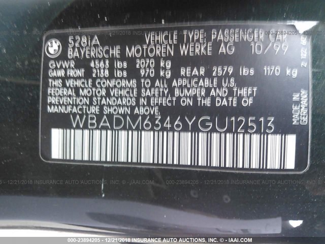 WBADM6346YGU12513 - 2000 BMW 528 GREEN photo 9