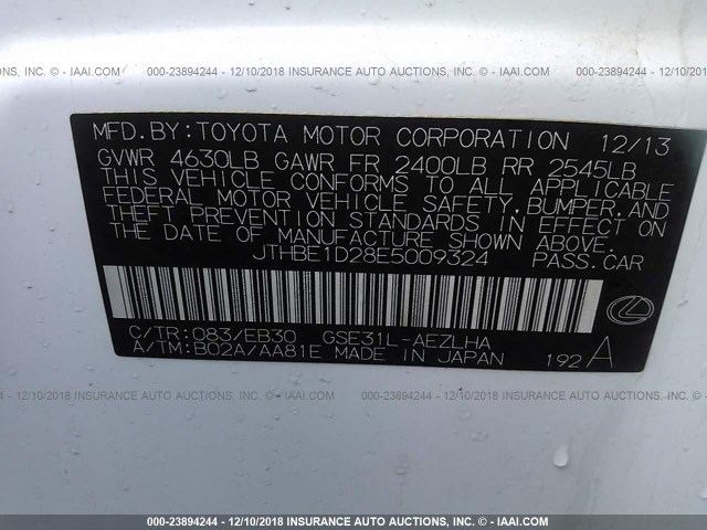 JTHBE1D28E5009324 - 2014 LEXUS IS 350 WHITE photo 9