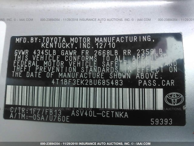 4T1BF3EK2BU685483 - 2011 TOYOTA CAMRY SE/LE/XLE SILVER photo 9