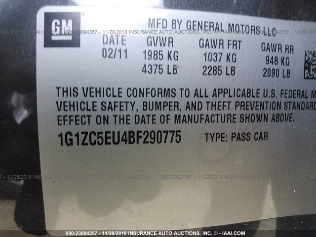 1G1ZC5EU4BF290775 - 2011 CHEVROLET MALIBU 1LT GRAY photo 9