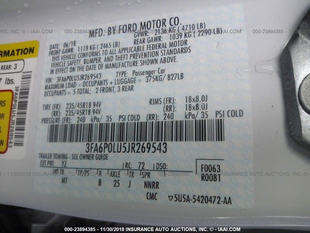 3FA6P0LU5JR269543 - 2018 FORD FUSION SE HYBRID WHITE photo 9