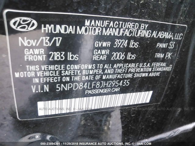 5NPD84LF8JH295435 - 2018 HYUNDAI ELANTRA SEL/VALUE/LIMITED BLACK photo 9