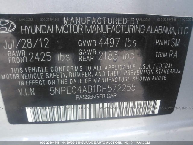 5NPEC4AB1DH572255 - 2013 HYUNDAI SONATA SE/LIMITED SILVER photo 9