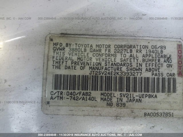 JT2SV24E2K3393277 - 1989 TOYOTA CAMRY WHITE photo 9