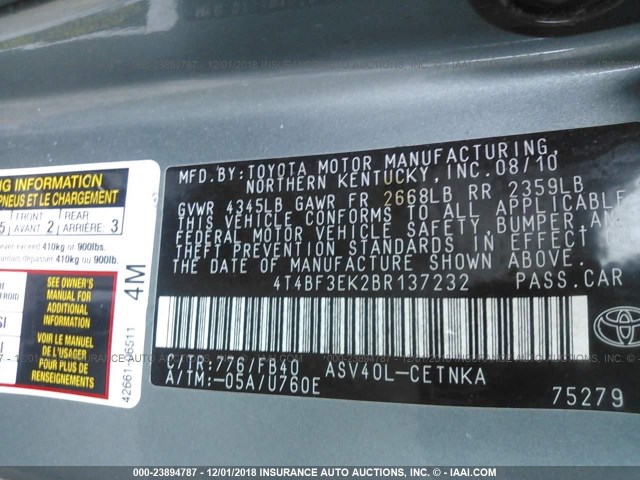 4T4BF3EK2BR137232 - 2011 TOYOTA CAMRY SE/LE/XLE 绿色 照片 9