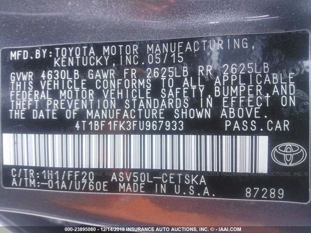 4T1BF1FK3FU967933 - 2015 TOYOTA CAMRY LE/XLE/SE/XSE GRAY photo 9