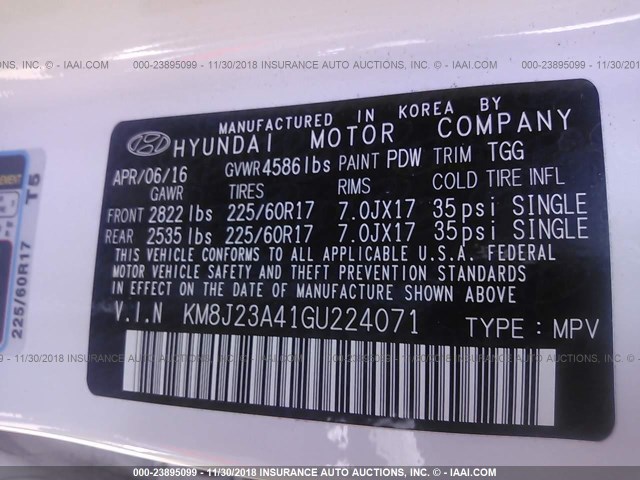 KM8J23A41GU224071 - 2016 HYUNDAI TUCSON SE WHITE photo 9