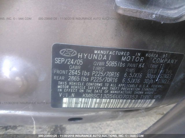 KM8SC13D56U070353 - 2006 HYUNDAI SANTA FE GLS/LIMITED BLUE photo 9