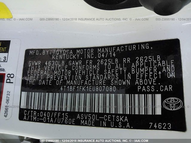 4T1BF1FK1EU807080 - 2014 TOYOTA CAMRY L/SE/LE/XLE WHITE photo 9