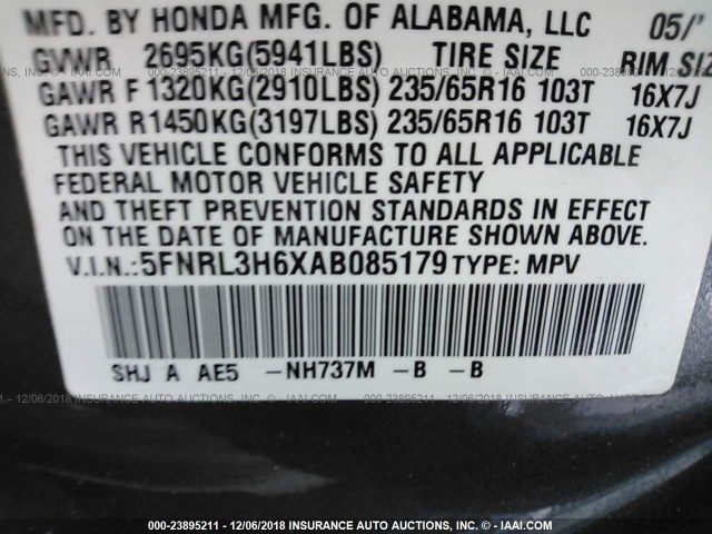 5FNRL3H6XAB085179 - 2010 HONDA ODYSSEY EXL GRAY photo 9