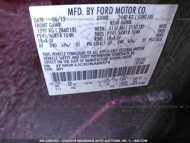 2FMDK3JC5DBA68574 - 2013 FORD EDGE SEL RED photo 9