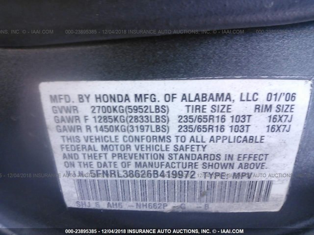 5FNRL38626B419972 - 2006 HONDA ODYSSEY EXL GRAY photo 9