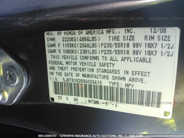 5J8TB18289A006415 - 2009 ACURA RDX BLACK photo 9