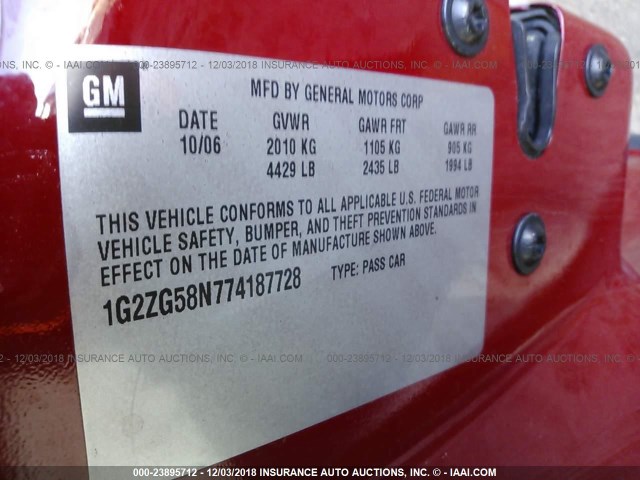 1G2ZG58N774187728 - 2007 PONTIAC G6 SE RED photo 9