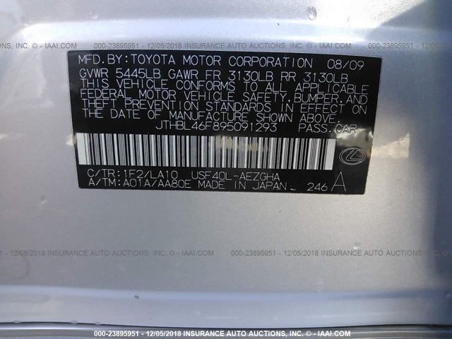 JTHBL46F895091293 - 2009 LEXUS LS 460 SILVER photo 9