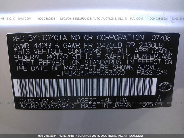 JTHBK262585083090 - 2008 LEXUS IS 250 SILVER photo 9