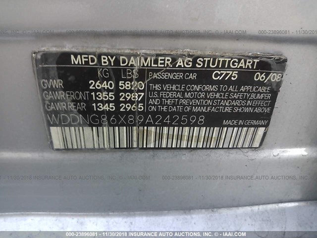 WDDNG86X89A242598 - 2009 MERCEDES-BENZ S 550 4MATIC SILVER photo 9