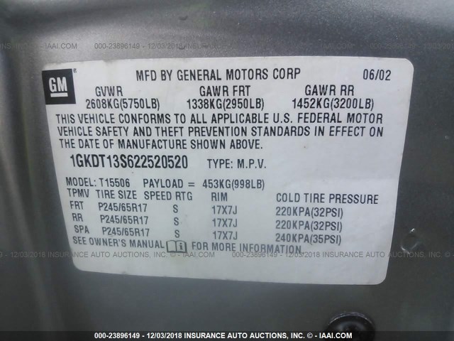 1GKDT13S622520520 - 2002 GMC ENVOY BEIGE photo 9