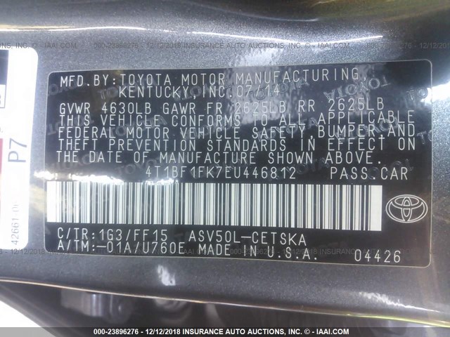 4T1BF1FK7EU446812 - 2014 TOYOTA CAMRY L/SE/LE/XLE 灰色 照片 9