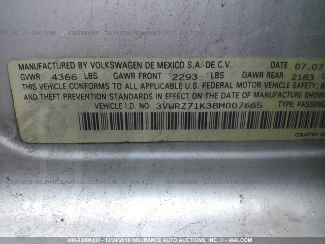 3VWRZ71K38M007665 - 2008 VOLKSWAGEN JETTA SE/SEL GRAY photo 9