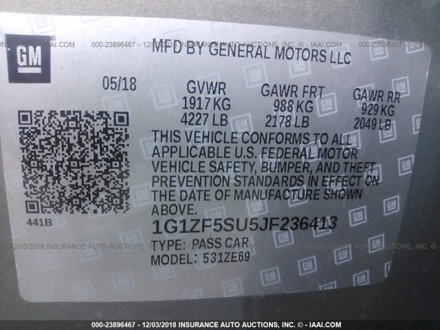 1G1ZF5SU5JF236413 - 2018 CHEVROLET MALIBU HYBRID GRAY photo 9