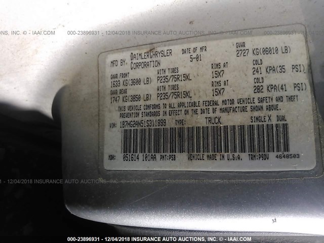 1B7HG2AN51S311899 - 2001 DODGE DAKOTA QUAD GRAY photo 9