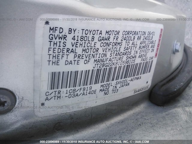 JT2BG22K810598105 - 2001 TOYOTA CAMRY CE/LE/XLE SILVER photo 9