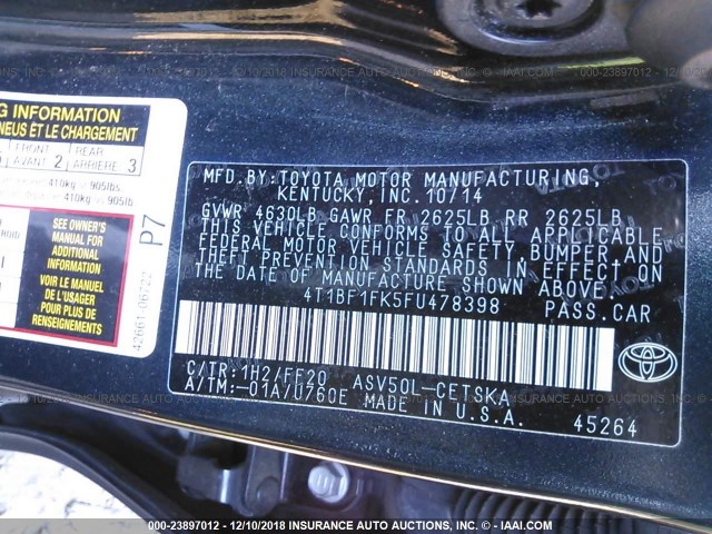 4T1BF1FK5FU478398 - 2015 TOYOTA CAMRY LE/XLE/SE/XSE GRAY photo 9