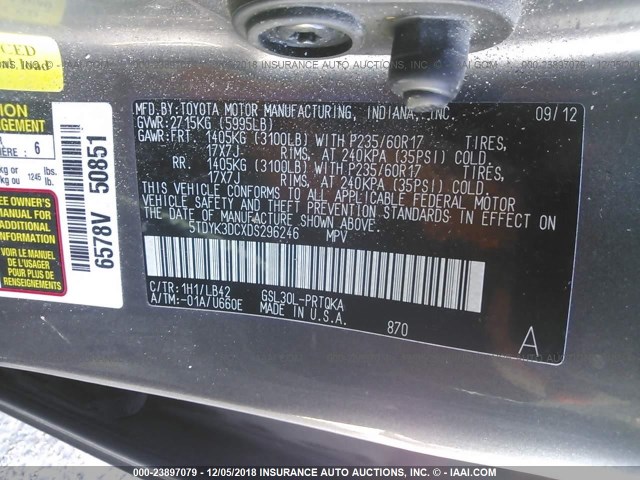 5TDYK3DCXDS296246 - 2013 TOYOTA SIENNA XLE/LIMITED GRAY photo 9