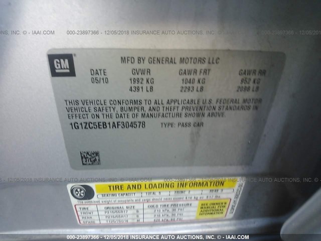 1G1ZC5EB1AF304578 - 2010 CHEVROLET MALIBU 1LT 银色 照片 9