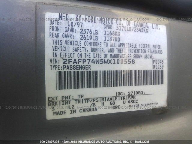 2FAFP74W5WX100558 - 1998 FORD CROWN VICTORIA LX GRAY photo 9