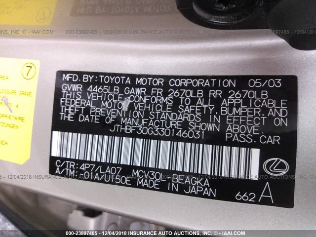 JTHBF30G330146031 - 2003 LEXUS ES 300 GOLD photo 9