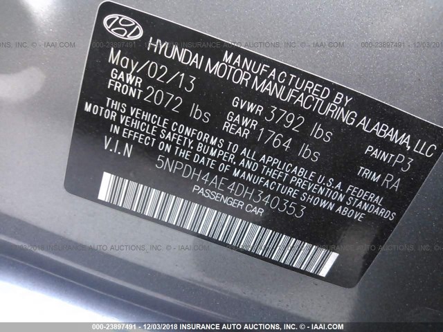 5NPDH4AE4DH340353 - 2013 HYUNDAI ELANTRA GLS/LIMITED GRAY photo 9