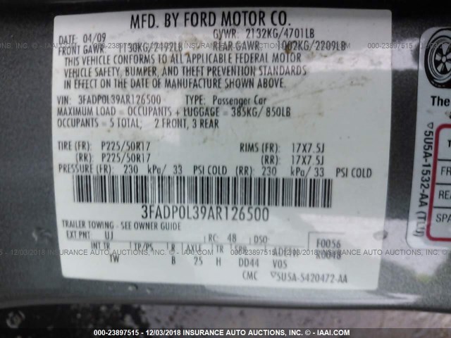 3FADP0L39AR126500 - 2010 FORD FUSION HYBRID GRAY photo 9