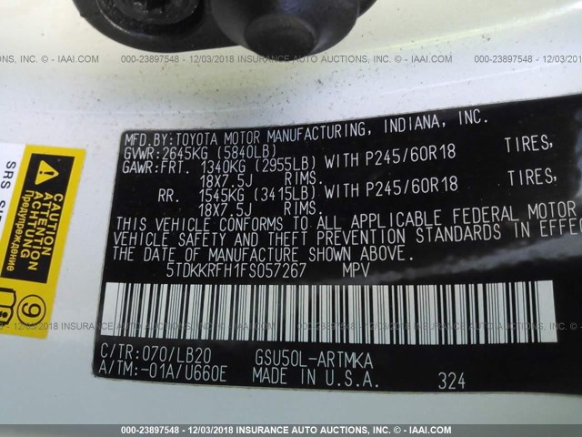 5TDKKRFH1FS057267 - 2015 TOYOTA HIGHLANDER XLE თეთრი ფოტო 9