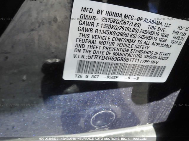 5FRYD4H69GB051711 - 2016 ACURA MDX TECHNOLOGY BLUE photo 9