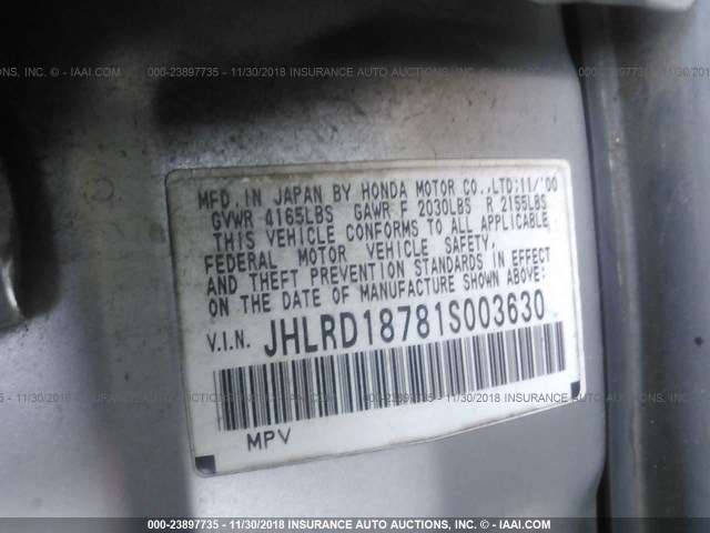 JHLRD18781S003630 - 2001 HONDA CR-V SE/LE SILVER photo 9