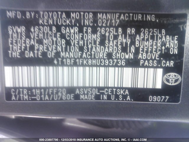 4T1BF1FK8HU393736 - 2017 TOYOTA CAMRY LE/XLE/SE/XSE ყავისფერი ფოტო 9