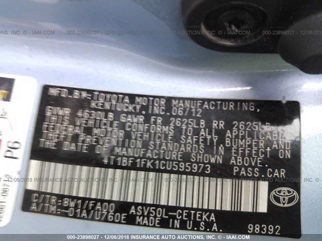 4T1BF1FK1CU595973 - 2012 TOYOTA CAMRY SE/LE/XLE 蓝色 照片 9
