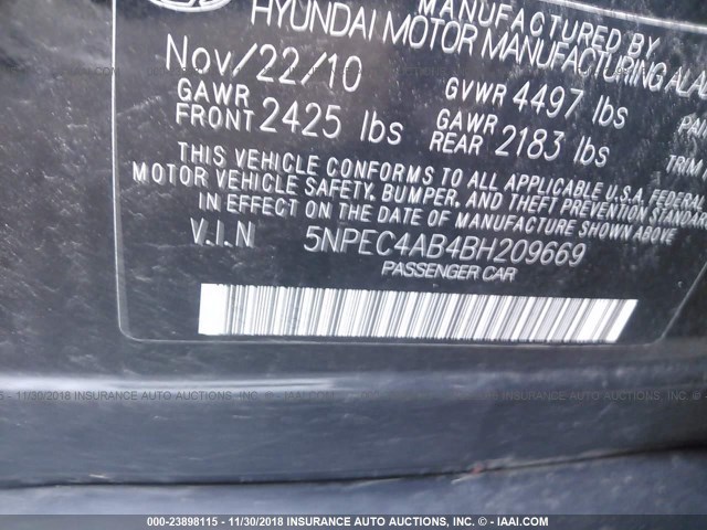 5NPEC4AB4BH209669 - 2011 HYUNDAI SONATA SE/LIMITED BLACK photo 9