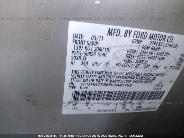 1FMHK7F86BGA45792 - 2011 FORD EXPLORER LIMITED GOLD photo 9