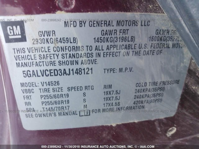 5GALVCED3AJ148121 - 2010 BUICK ENCLAVE CXL RED photo 9
