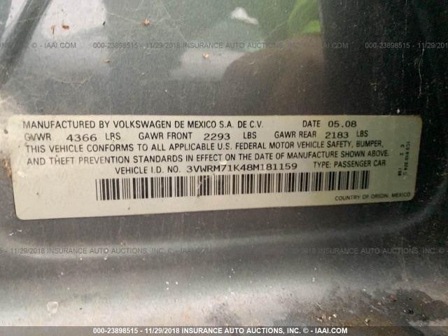 3VWRM71K48M181159 - 2008 VOLKSWAGEN JETTA SE/SEL GRAY photo 9